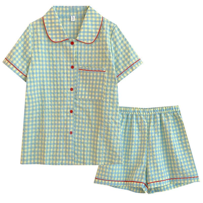 Новая пижама, домашний костюм, женский, с короткими рукавами, для студентов, имитация хлопка, Ins Wind, корейский, зеленый, клетчатый, домашний костюм