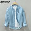 Корейский простой стиль светло-голубая джинсовая рубашка мужская весна/осень повседневные рубашки с воротником-стойкой из чистого хлопка с длинным рукавом и карманом