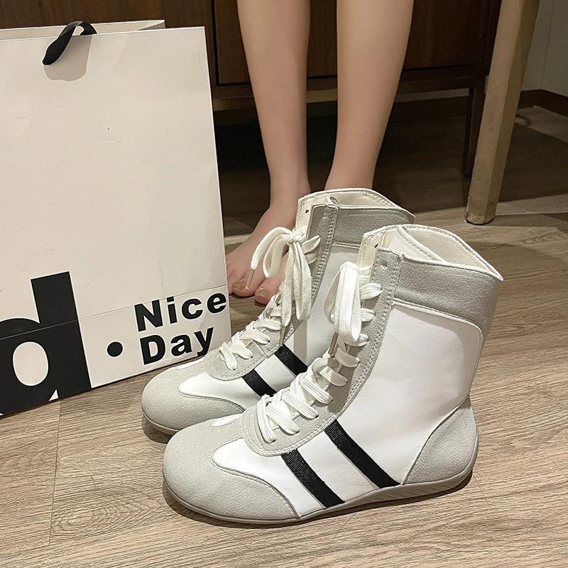 Модные высокие короткие ботинки, боксерки для женщин, весна-осень 2025, круглый носок, шнуровка, кроссовки, zapatos de mujer