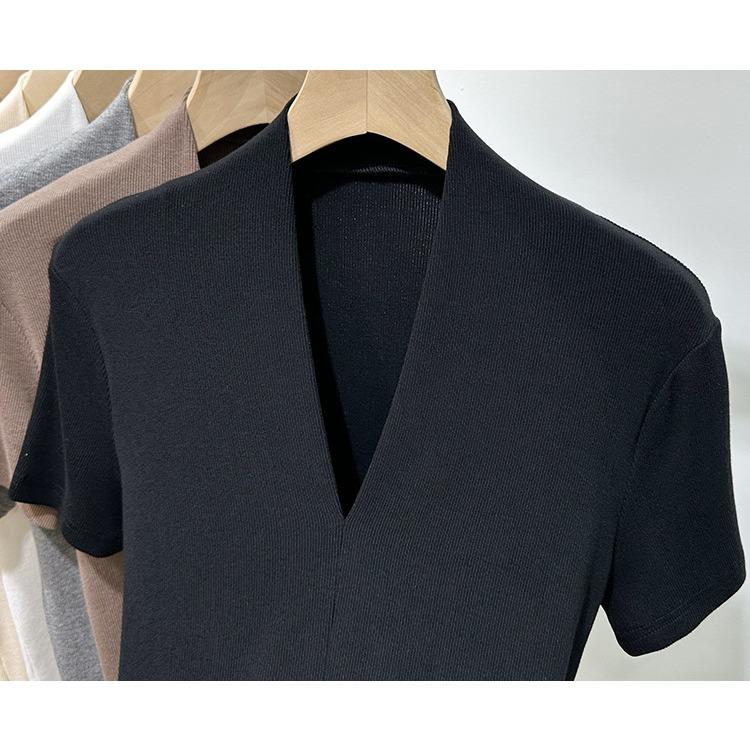 Модная футболка с V-образным вырезом, с короткими рукавами, женская летняя новинка, облегающий топ с рукавами до локтя