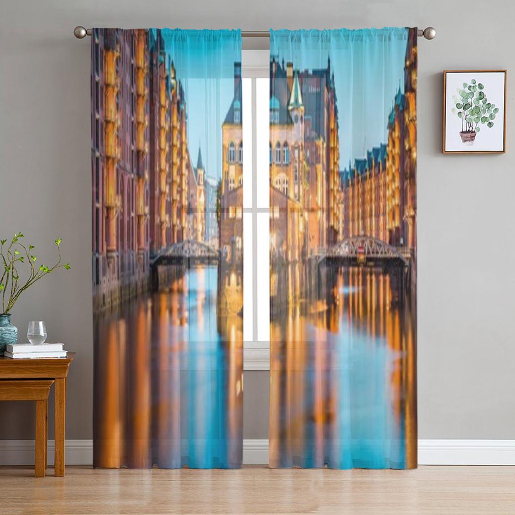 Sunset Sky Over Speicherstadt Harbor In Downtown Tulle Sheer Curtains for Living Room Kitchen Decoration Voile Organza Curtains
