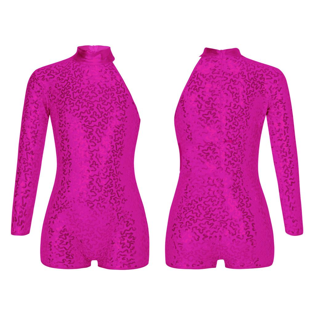 Kids Girls Sequins Single Long Sleeves Ballet Gymnastic Leotard Biketard Unitard Jazz Latin Dance Bodysuit Dancewear