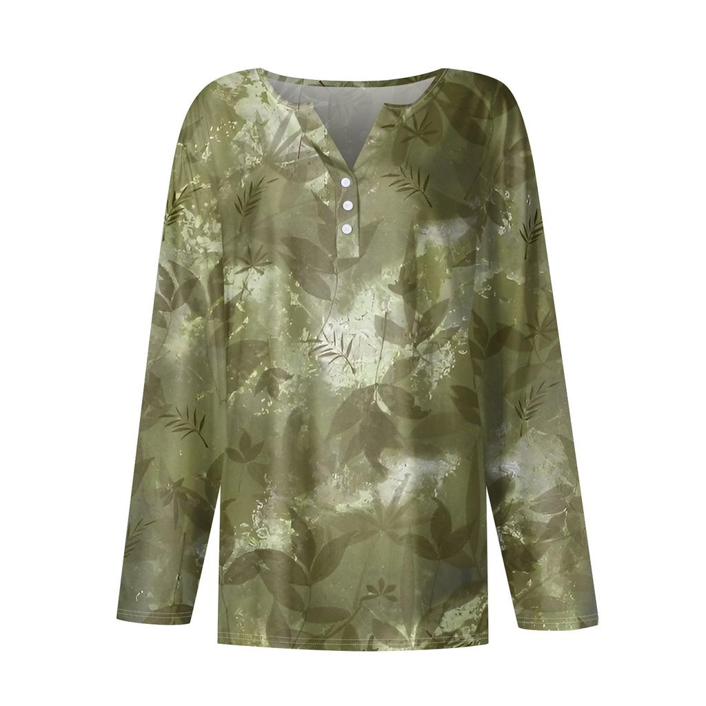 Женская модная повседневная футболка с V-образным вырезом и принтом листьев, с длинными рукавами и декоративными пуговицами