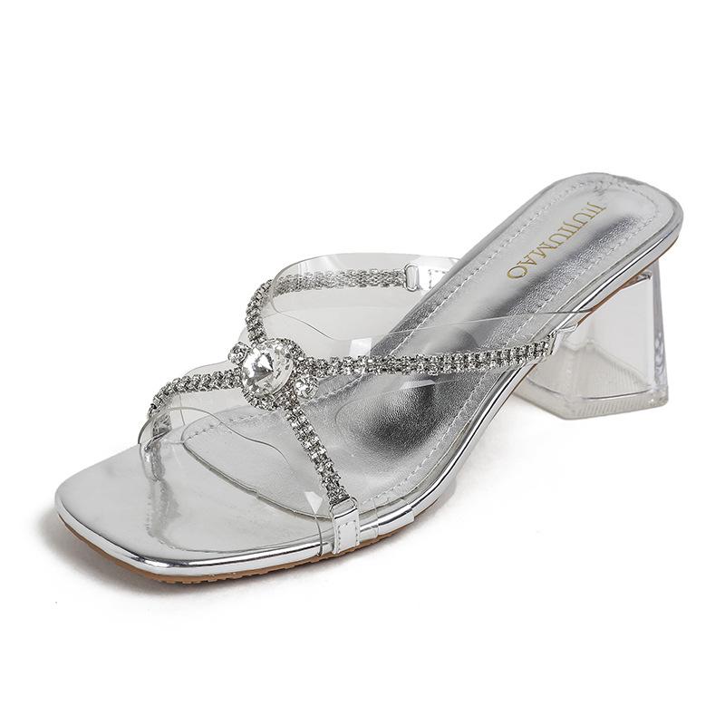 Сказочно красивые серебряные туфли со стразами и прозрачным хрустальным каблуком, с открытым носком, модные женские туфли на каблуке, универсальные, весна-лето 2025, новые модели