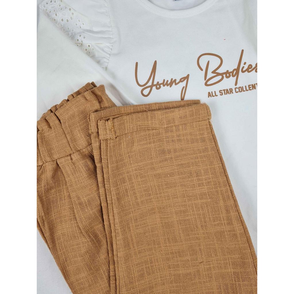 Льняной брючный костюм для девочек с кружевными рукавами для молодых людей