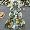 Summer Autumn Women Vintage Print V-neck Full Sleeve Single Breasted Long Maxi Holiday Seaside Dresses