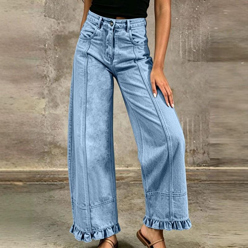 Womens Straight Leg Jeans Ruffled Hems Loose Fit Mid Waist Denim Pants