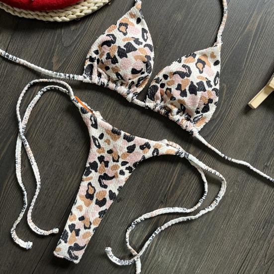 2Pcs/Set Sexy Women Bikini Set Leopard Print Halter Bra High Waist Lace-up
