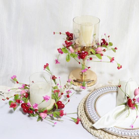 Венок-кольцо для свечи в виде сердца на День святого Валентина, ручной работы, красного и розового цвета, с ягодами, центральный элемент с цветами, декор стола для романтического ужина