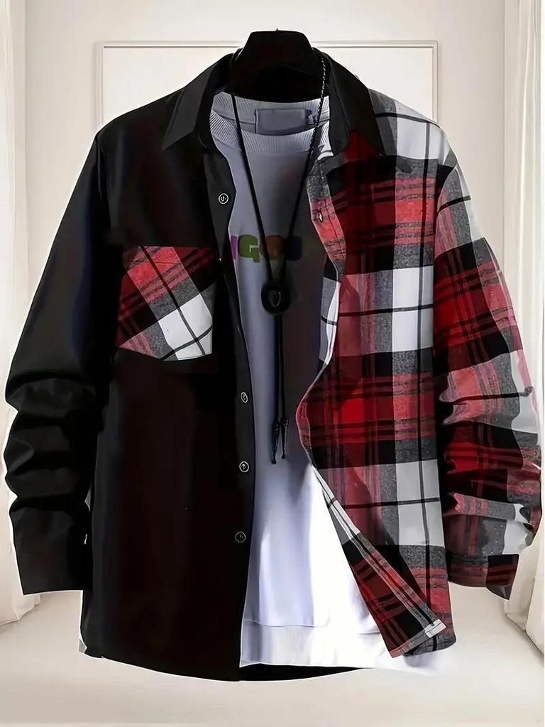 Весенне-осенняя мужская повседневная рубашка в клетку с длинным рукавом и лацканами