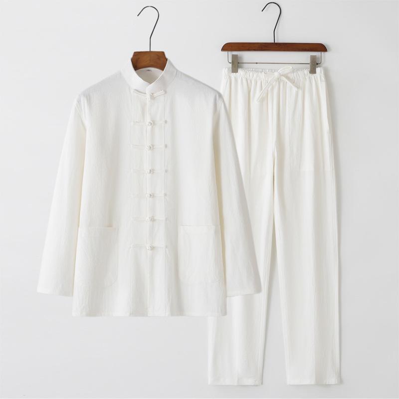 Men's Chinese Style Long-Sleeve Tang Suit Set with Frog Buttons - Retro Tea & Tai Chi Two-Piece