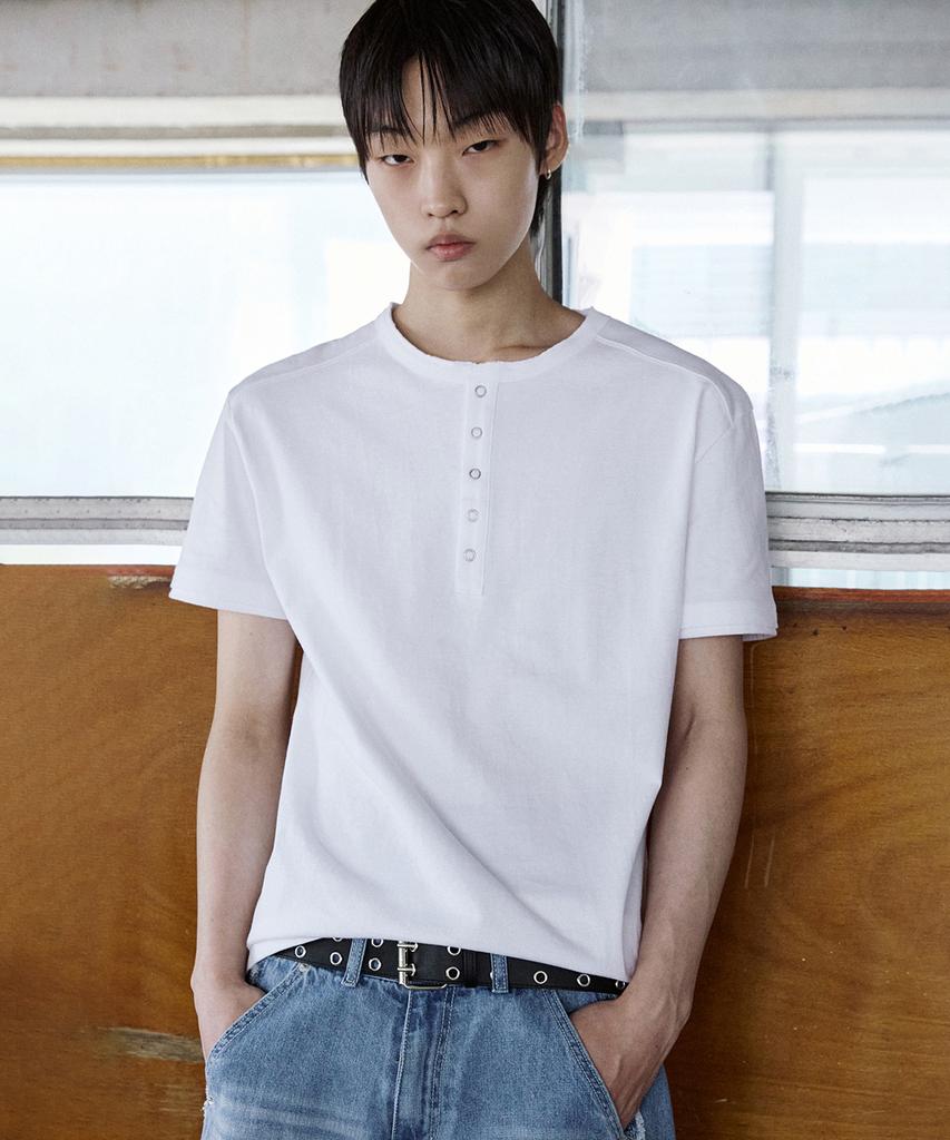 P.IN.O Cotton Layered Henley Neck Short Sleeve - White