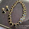 Vintage Geometric Black Gold Jewelry Set: Pre-owned Gold-plated Stud Earrings & Necklace