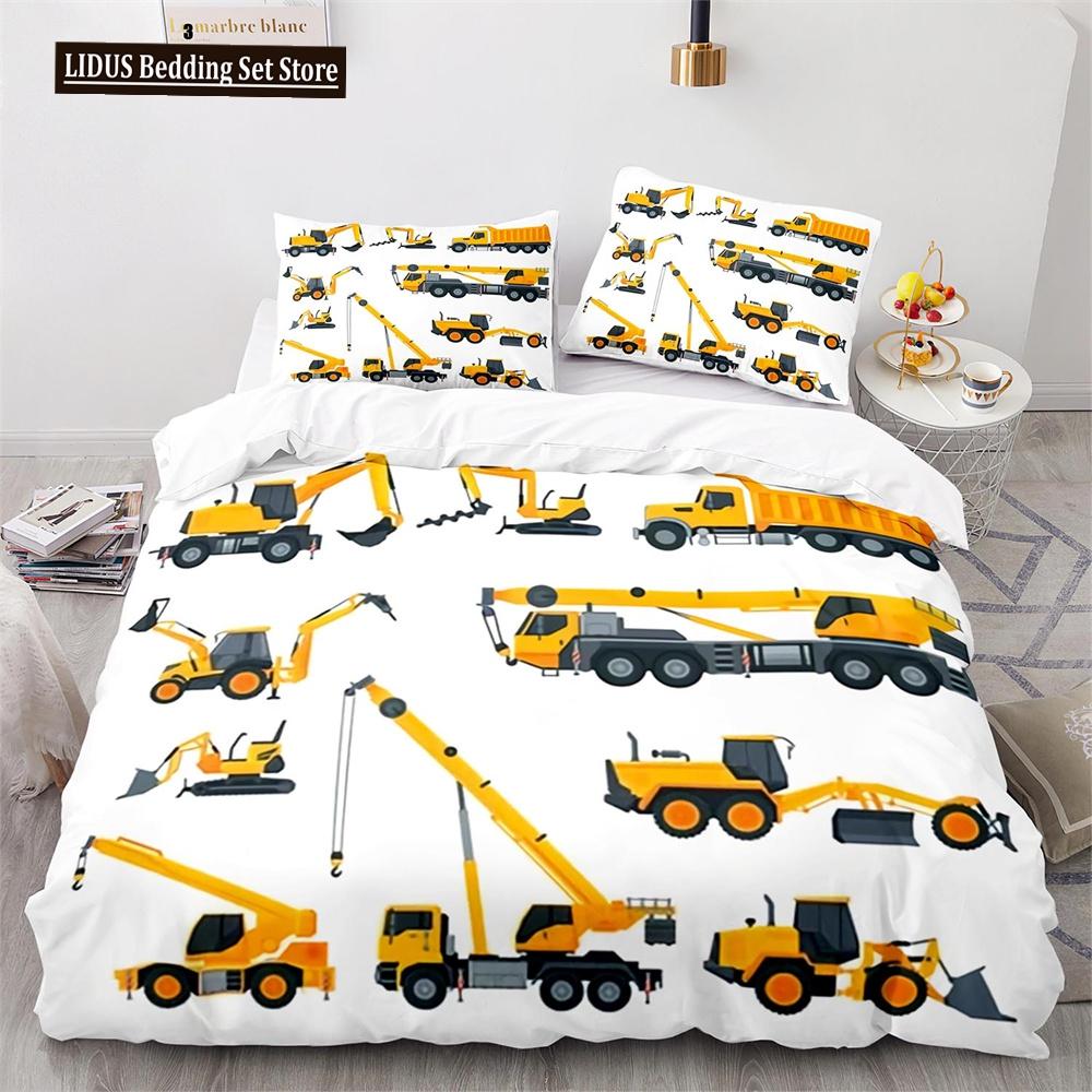 Комплект пододеяльника Digger Мультяшный Грузовик Тяжелой Техники Кран Бетономешалка Экскаватор Трактор Узор Для Ребенка Подростка Полиэстеровый Постельный Комплект
