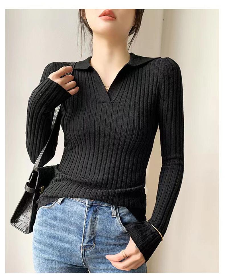 Весенняя облегающая рубашка с V-образным вырезом и длинными рукавами, с внутренней трикотажной подкладкой, модная и простая, в полоску, новый темпераментный свитер для женщин