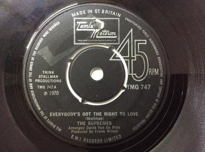 7-дюймовая пластинка SUPREMES - Everybody's Got The Right To Love / TMG747 Tamla Motown 1970 UK Соул/Фанк Б/У