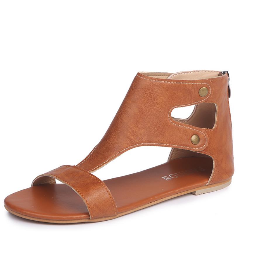 Модные женские сандалии-гладиаторы из натуральной кожи с вырезом в стиле ретро, неглубокие женские повседневные сандалии на плоской подошве, однотонные пляжные сандалии без застежек