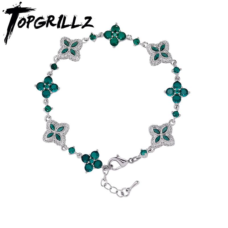 TOPGRILLZ Покрытый льдом Классический латунный браслет для женщин, регулируемый, с цепочкой в виде четырехлистника, с кубическим цирконием 5A+ для вечеринки