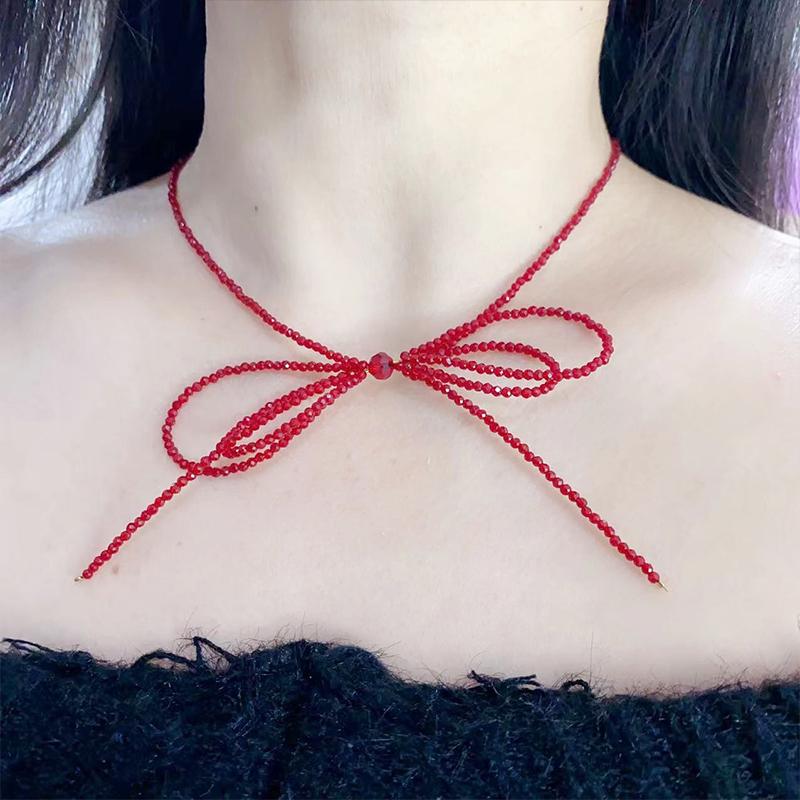 Female Red Beads Ins Style Necklace Accessories High Class Red Bow White Necklace Choker Clavicle Chain