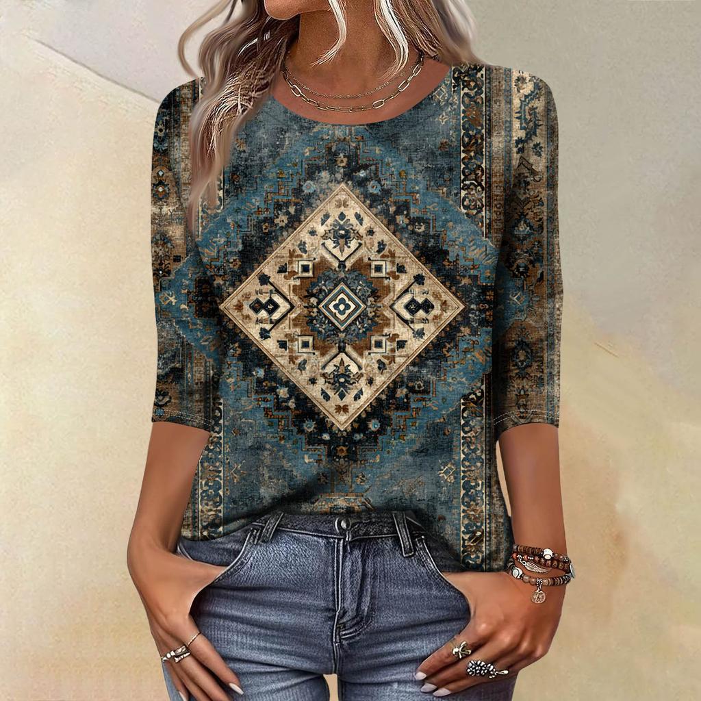 Trendy Vintage 3/4 Sleeve Top For Women,Ladies Casual Three Quarter Sleeve Round Collar Printed T-Shirt Blouse