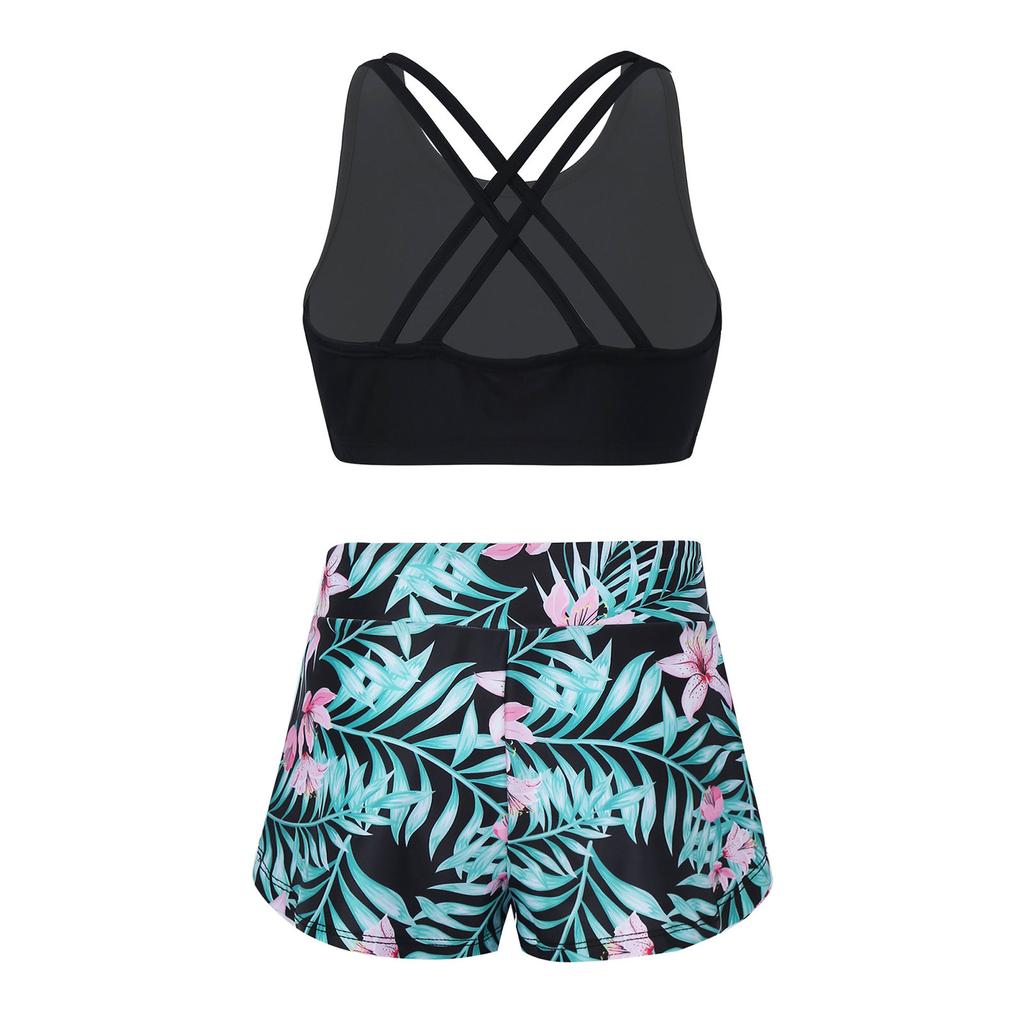 Girls 2 Piece Sport Set U Neck Spaghetti Straps Cropped Top Criss Cross Back Pink Lily Print Shorts Gym Yoga Outfit