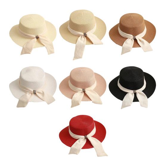 Straw Hat Lightweight Breathable Flat Top Wide Brim Sun Protection Hat Metal Buckle Ribbon Decorated Hat Summer Beach Hat