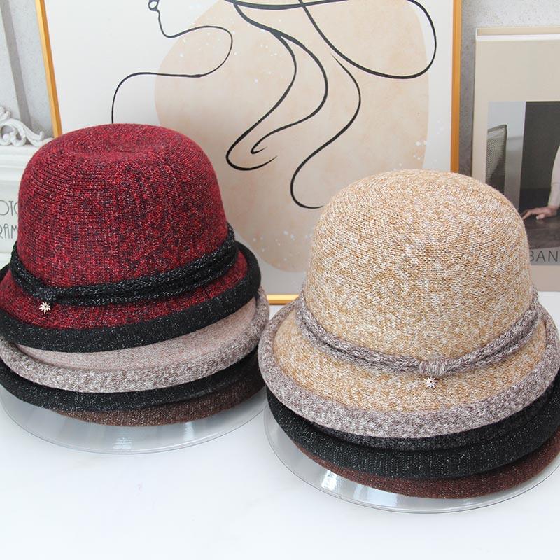Autumn and winter retro knitted bucket hat women's curled short-brimmed top hat elegant middle-aged mother hat foreign style versatile thermal hat