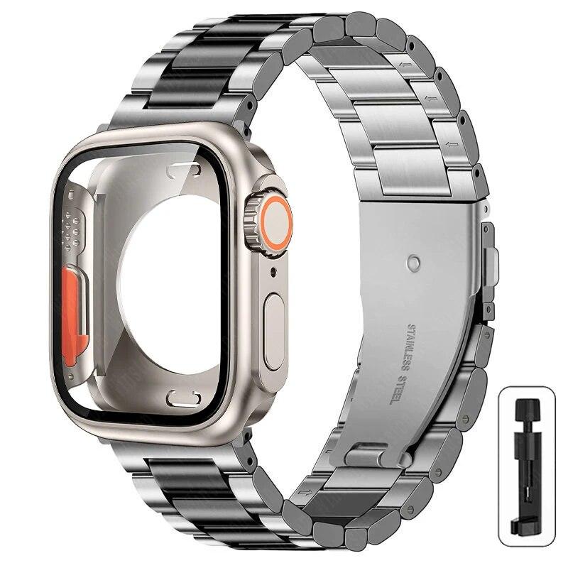 Ремешок+корпус из нержавеющей стали для Apple Watch 44мм 45мм 41мм 40мм Улучшенный ТПУ корпус Iwatch Series 9 8 7 6 SE 5 4 Металлический браслет