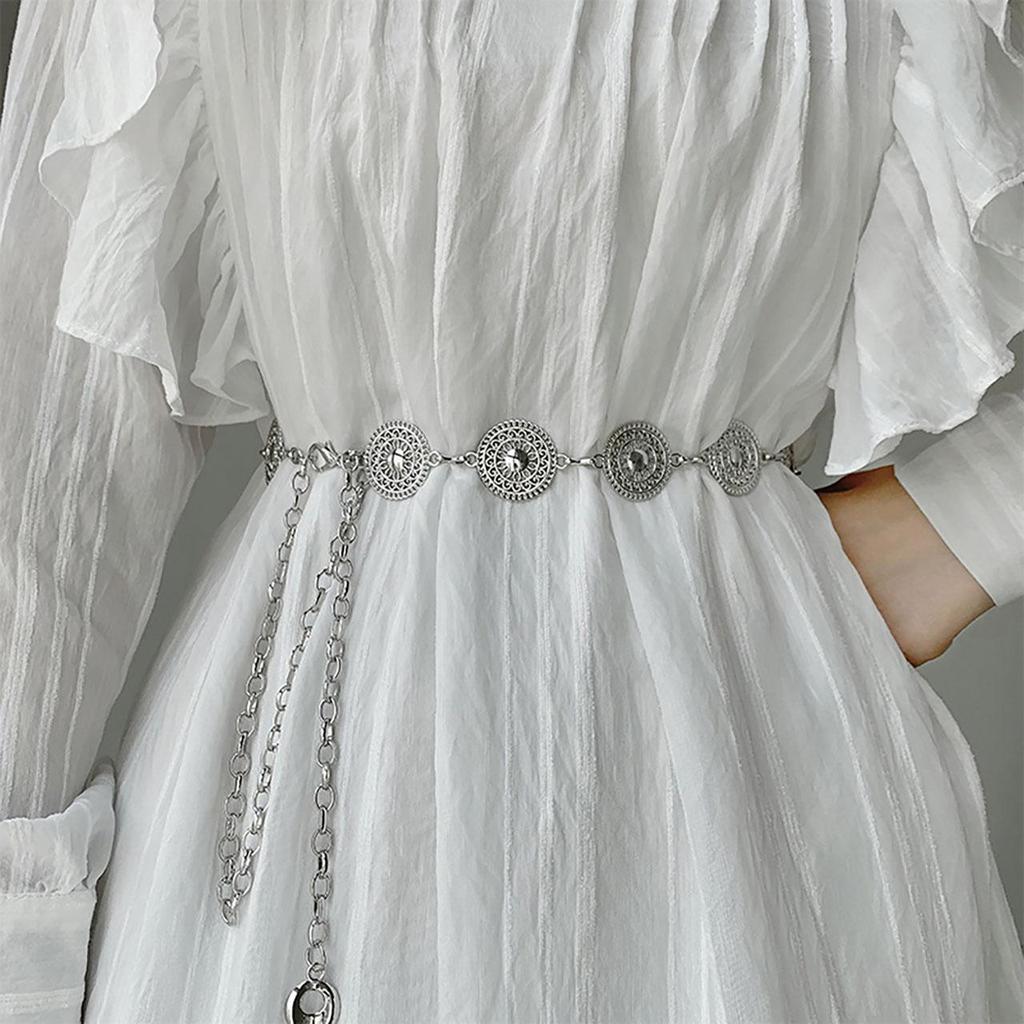 Женский металлический пояс с круглыми вырезами, золото, серебро, резной, длинный, регулируемая цепочка, элегантный, для платья, пальто, декоративный ремешок