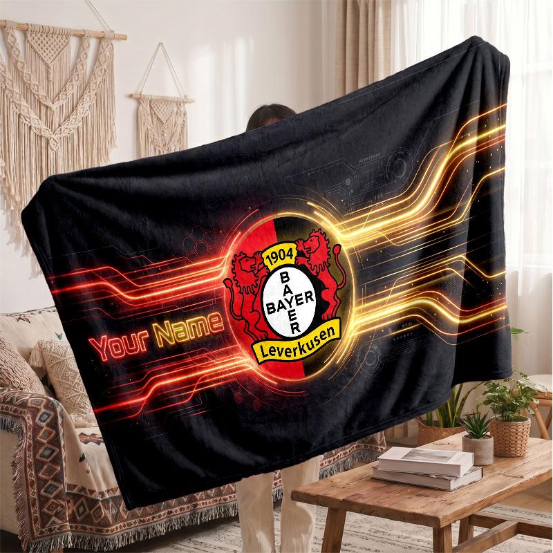 Bayer Leverkusen Football Personalized Fleece Blanket With Football Logo, Custom Name Text Soft Warm Home Throw Blanket