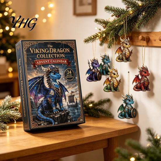 Decorative Acrylic Pendants Christmas Dragon Advent Calendar 2026, 2D Flat Ornaments, Tree Ornaments 24 Days Countdown Gift Box for Kids, Fantasy