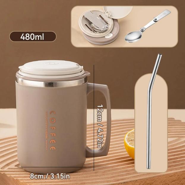 WORTHBUY 480ml 304 Stainless Steel Coffee Mug With Lid&Spoon&Straw,Insulated Coffee Cup For Student Adult Office Drinking Cup
