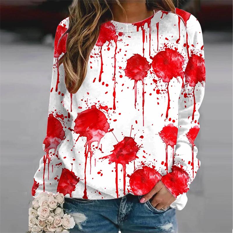 Harajuku 3D Horror Halloween Print Sweatshirts Red Blood Patterns Graphic Round Neck Hoodies Women Fashion Clothing Sweatshirt