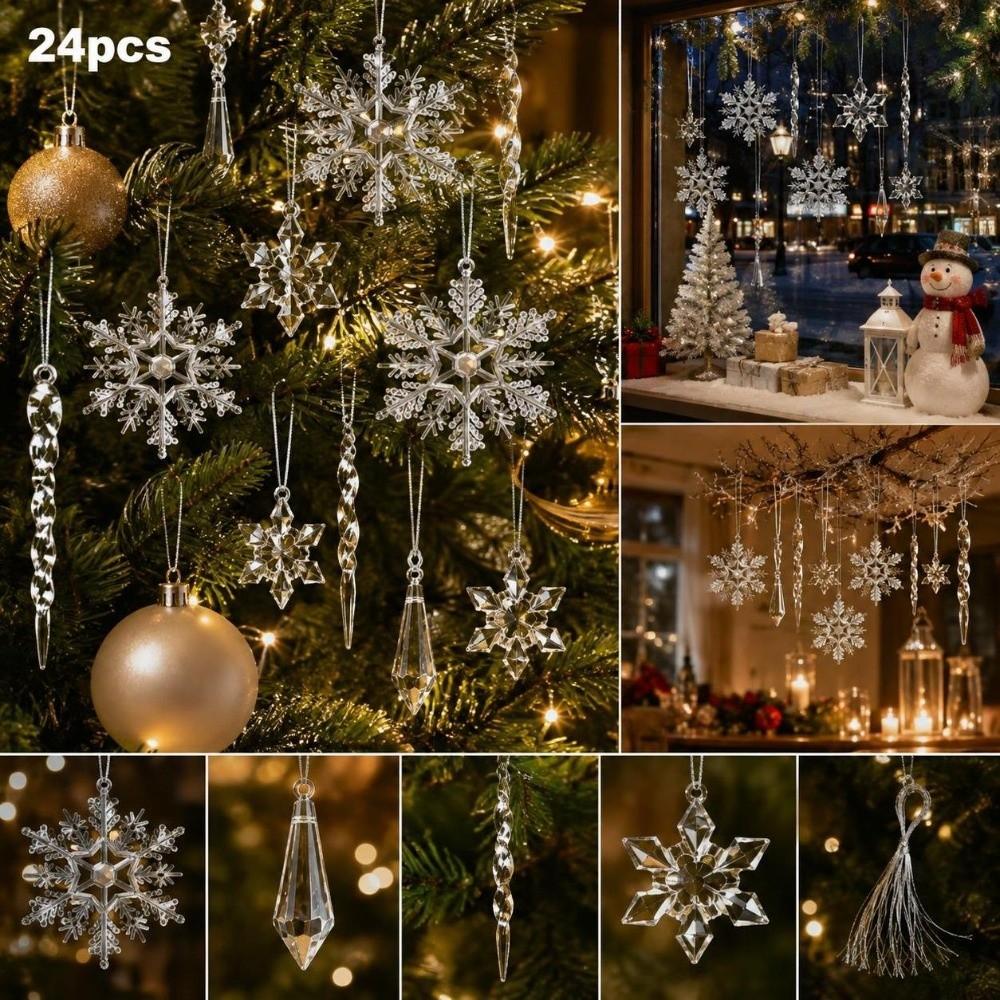 24pcs/set DIY Clear Snowflake Pendants Clear Christmas Tree Ornament Winter Season