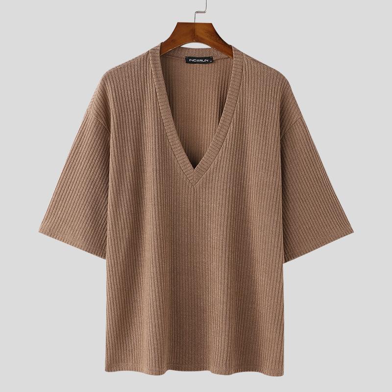 INCERUN Мужские повседневные трикотажные топы с глубоким V-образным вырезом и длинным рукавом