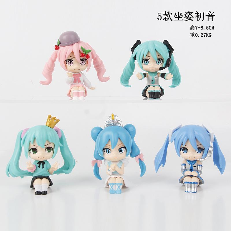 Новый набор из 5 шт./набор Hatsune Miku Q Версия Сидячая поза Каваи Подарок на день рождения Фигурки аниме-девушек Супер милые Уникальные детские игрушки