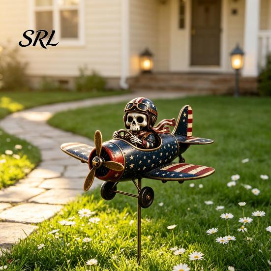 Vintage Style Garden Accessory Metal Skeleton Pilot Airplane Wind Spinner with Ground Stake, American Flag Retro Lawn Ornament Yard Rustic Iron