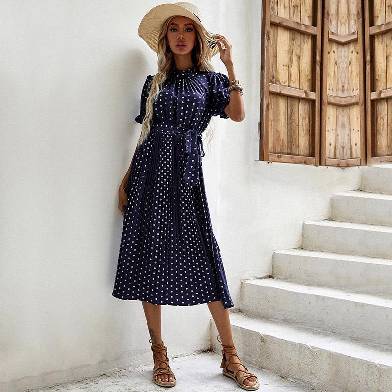 YYFS Женская мода Летние повседневные платья в горошек с коротким рукавом и круглым вырезом