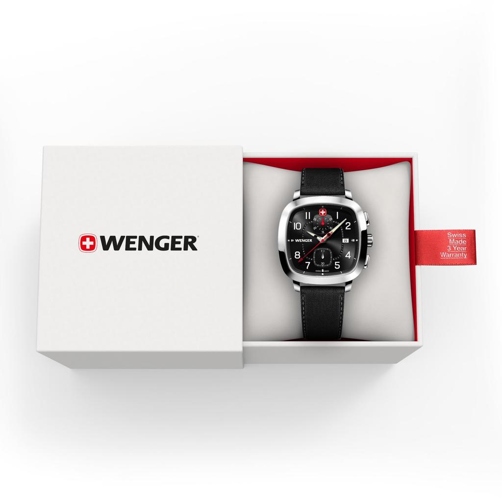 Wenger ВИНТАЖНЫЙ СПОРТИВНЫЙ ХРОНОГРАФ Корпус из нержавеющей стали Черный Черный Переработанный Кварцевый 50м Водонепроницаемый Идея для подарка Мужские часы, (316L)