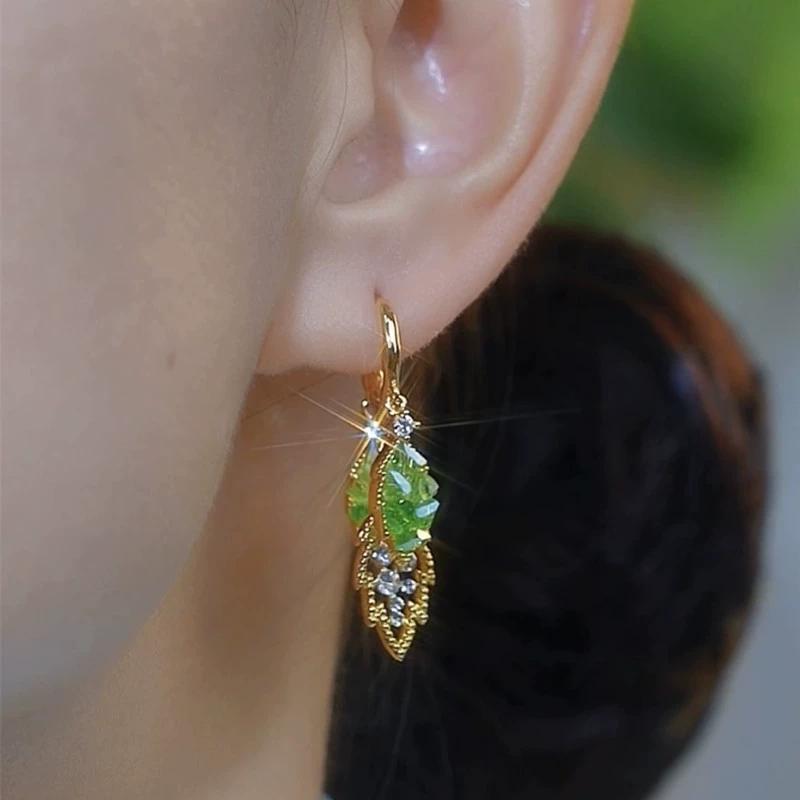 Модные блестящие серьги-подвески из зеленого листа с цирконием для женщин и девочек, корейские элегантные серьги-гвоздики, ювелирные изделия в подарок