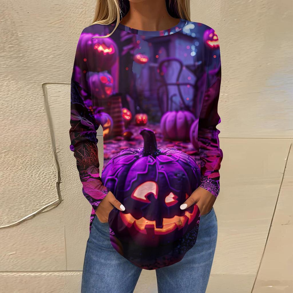 Женская свободная футболка с длинным рукавом с круглым вырезом и принтом, верхний пуловер