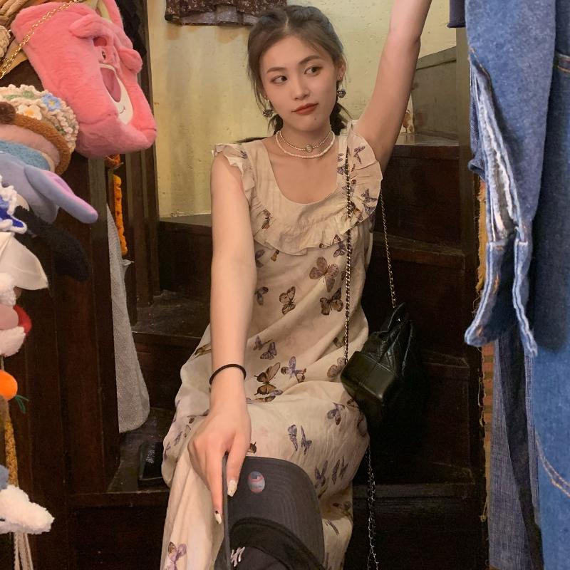 Лето 2025 года, модное повседневное длинное платье с принтом Bufferfly, женское модное шикарное платье с оборками и квадратным воротником, корейское элегантное облегающее платье