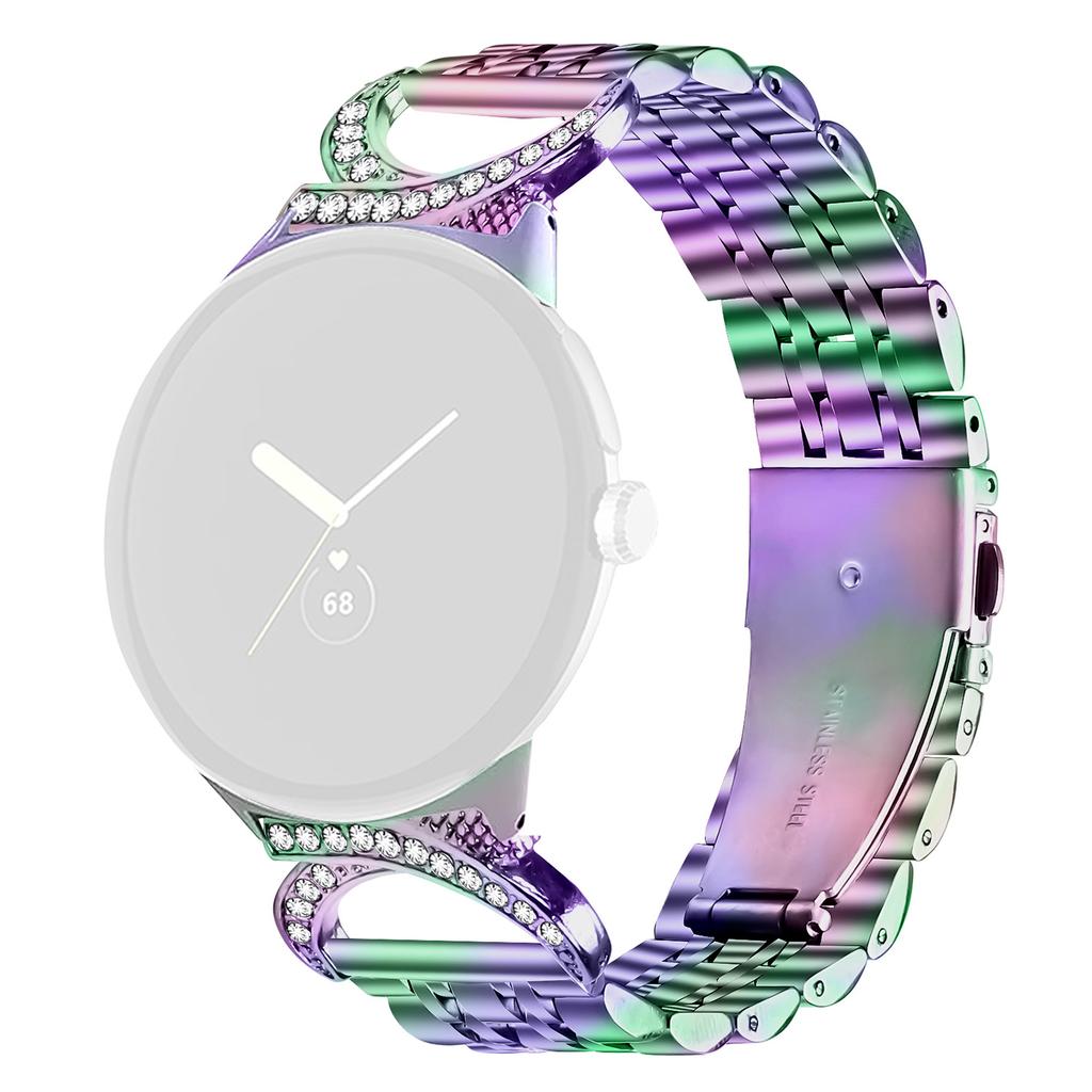 Watch Strap for Google Pixel Watch 3 41mm/Watch 2/Watch Seven Bead Stainless Steel Band with Rhinestone Ox Horn Style Connector