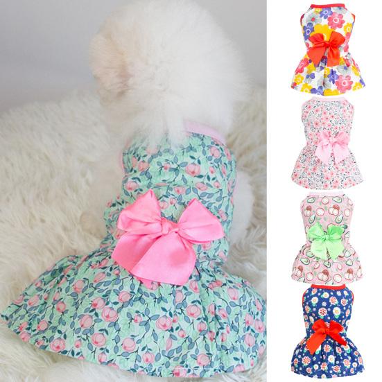 Summer Floral Print Small Dress Lovely Medium Dogs Sleeveless Foreleg Bowknot Decor Holiday Pet Outfit
