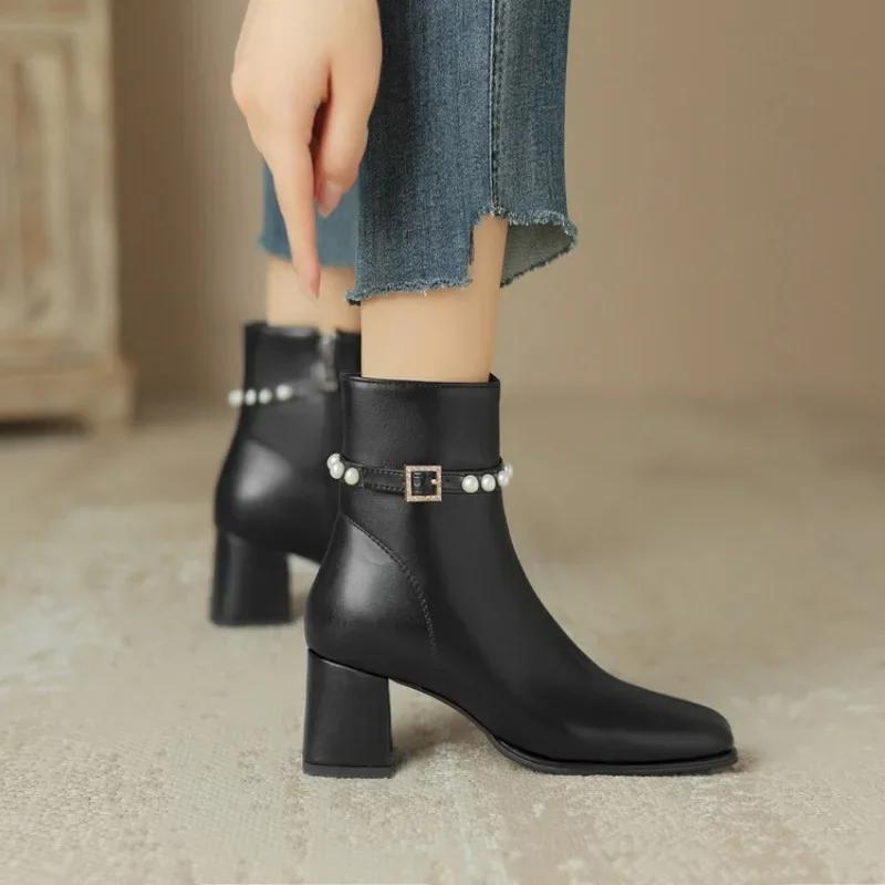 Autumn and Winter New Styles Fashion High Heels Women's Boots Sweet Pearl Square Head Zipper Square Heel Women Boots High