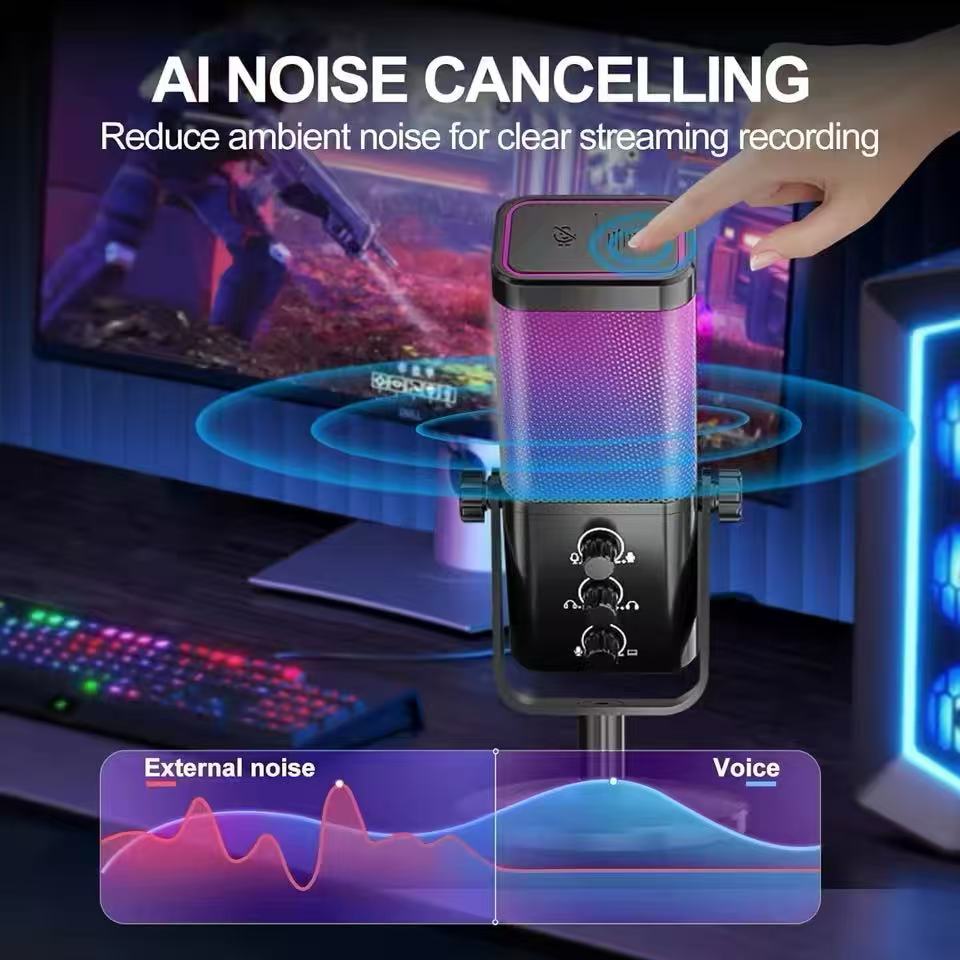 USB Игровой микрофон с балансом игрового чата, RGB конденсаторный микрофон с реверберацией/шумоподавлением/мониторингом микрофона, для стриминга