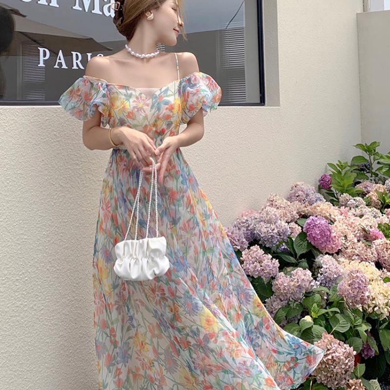 Летнее женское длинное платье феи с цветочным принтом и цветочным принтом из органзы с пышными рукавами и повязками, стильное пляжное дорожное платье