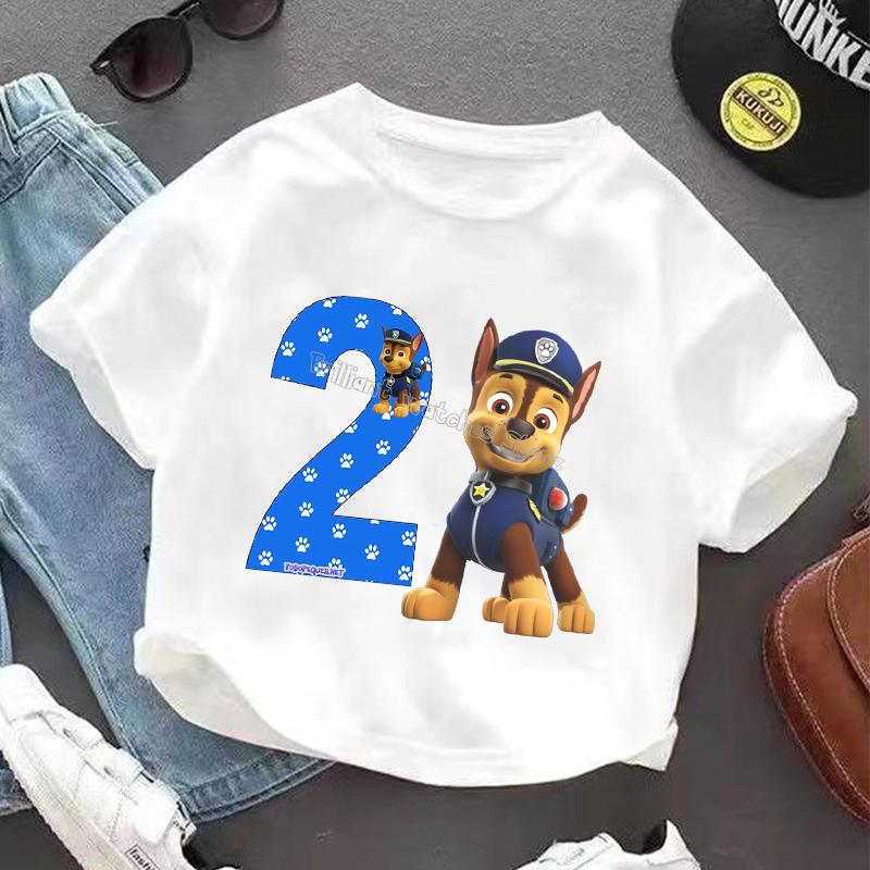 Paw Patrol Chase T-shirt for Children Birthday Figure Tee Top Boys White Clothes Cartoon Short Sleeve Kids Loose Clothing Gift