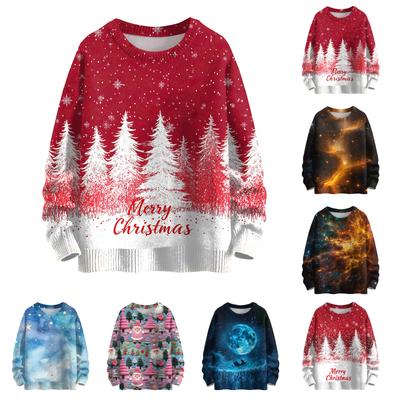 Женский модный повседневный трикотажный свитер с длинным рукавом и рождественским принтом, круглый вырез