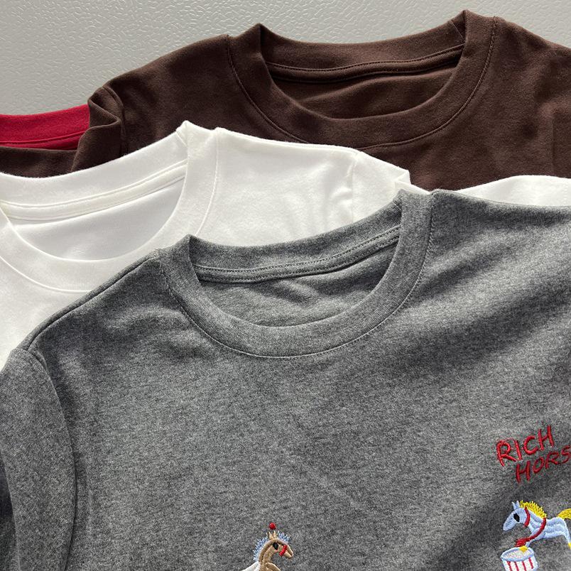 Brushed Red Pony Embroidery Women's Short Sleeve Round Neck Casual Spring T-shirt